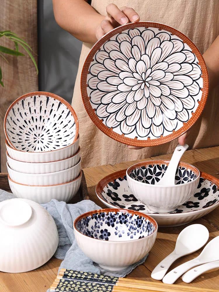 Agabani Japanese Asian Cuisine Dinner Set, Bowls Serving for Pasta, Salad, Noodle, Dessert, Oatmeal, Rice, Soup Porcelain Bowls for Kitchen, Dinner Bowl Set of 14(2plate+4bowl+4spoon+4chopsticks) - Image 3
