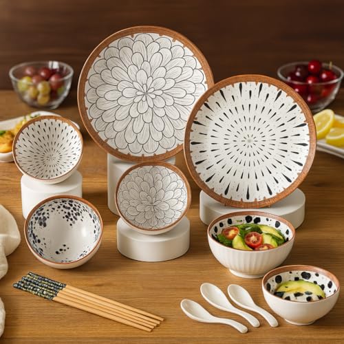 Agabani Japanese Asian Cuisine Dinner Set, Bowls Serving for Pasta, Salad, Noodle, Dessert, Oatmeal, Rice, Soup Porcelain Bowls for Kitchen, Dinner Bowl Set of 14(2plate+4bowl+4spoon+4chopsticks) - Image 2
