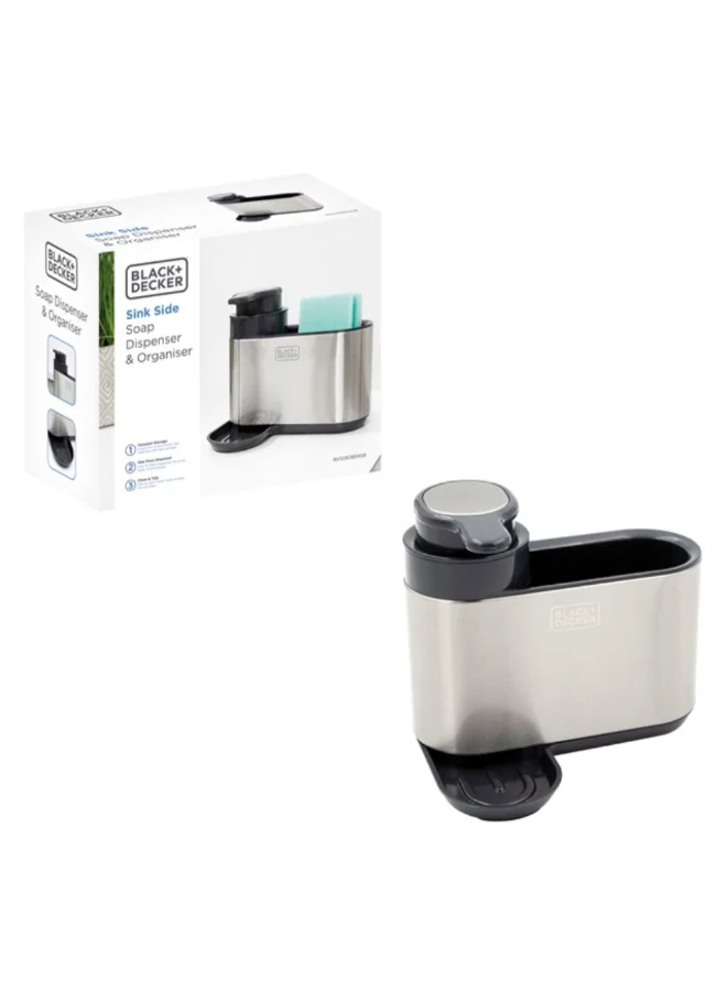 BLACK+DECKER Tidy Sink Side Organiser with Soap Dispenser Silver and Black 15.5 x 18.5 x 9.5 cm 63859
