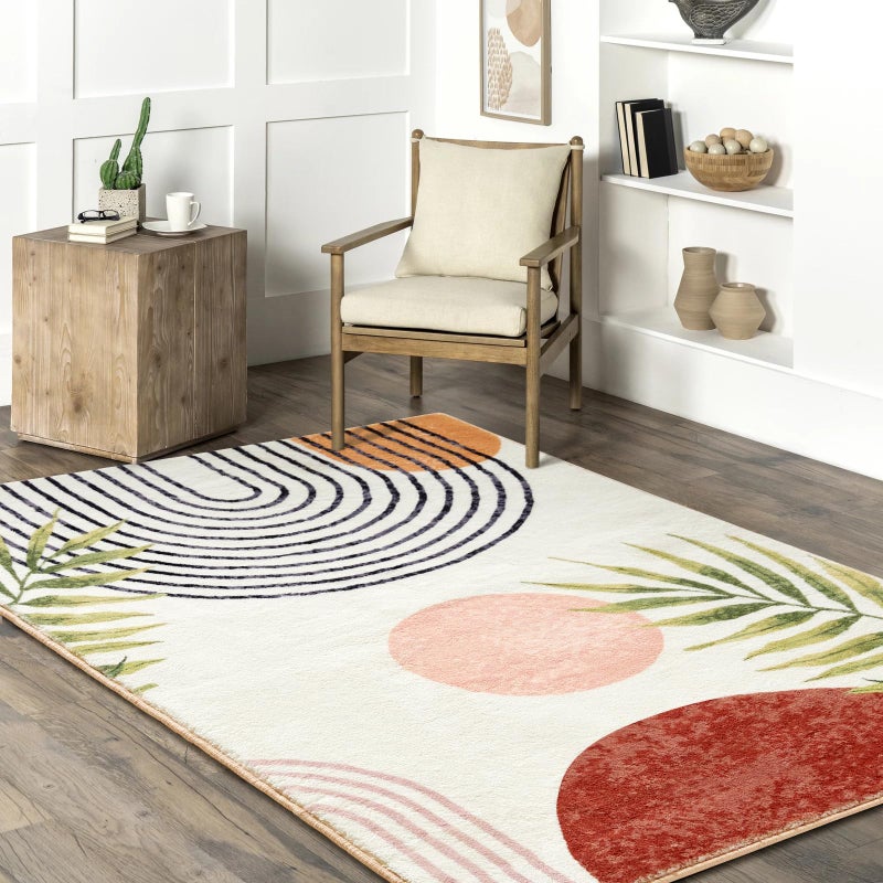 RoomTalks Mid Century Modern Washable Rug, Boho Cute Aesthetic 5x7 Area Rugs for Bedroom Dining Living Room Kitchen, Abstract Tropical Leaves Non Slip Thin Indoor Entryway Rug Accent Floor Carpet - Image 2