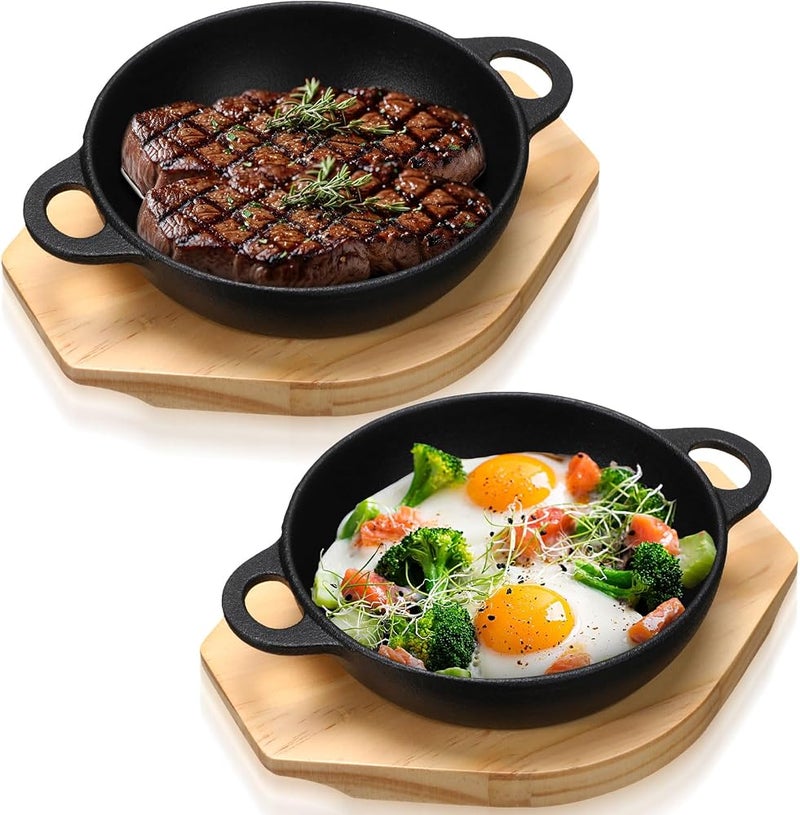 Jingmore 2 Sets Mini Cast Iron Skillet with Wooden Base 6.1 Inch Mini Cast Iron Sizzler Plates Skillet Mini Cast Iron Pan Round Fajita Plate Hot Steak Skillet Dish for Baking Cooking - Image 1