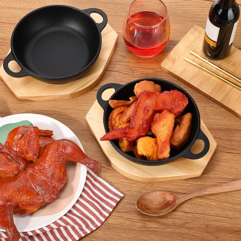 Jingmore 2 Sets Mini Cast Iron Skillet with Wooden Base 6.1 Inch Mini Cast Iron Sizzler Plates Skillet Mini Cast Iron Pan Round Fajita Plate Hot Steak Skillet Dish for Baking Cooking - Image 3