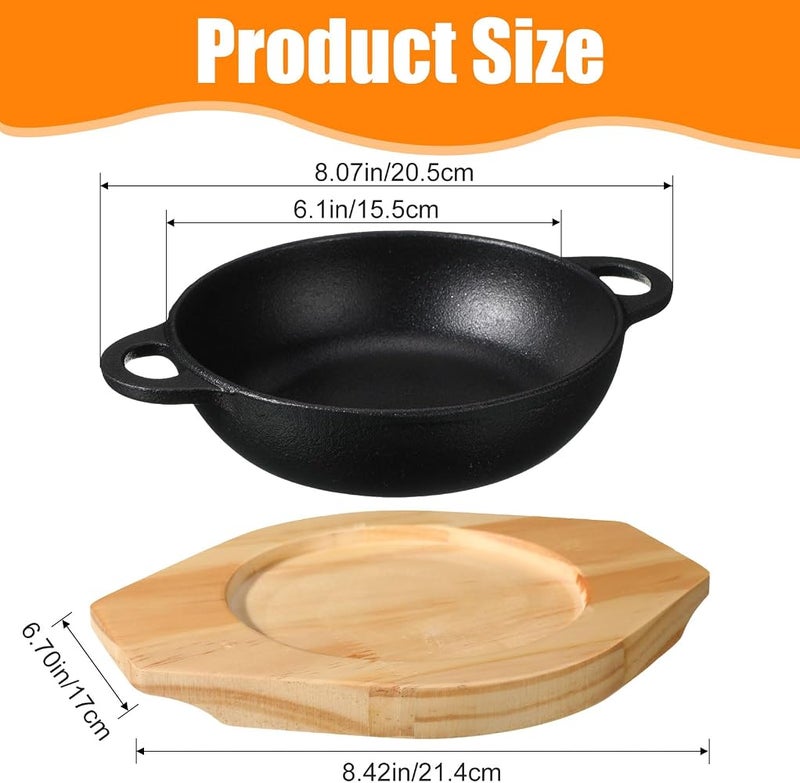 Jingmore 2 Sets Mini Cast Iron Skillet with Wooden Base 6.1 Inch Mini Cast Iron Sizzler Plates Skillet Mini Cast Iron Pan Round Fajita Plate Hot Steak Skillet Dish for Baking Cooking - Image 2