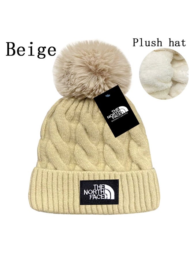 The North Face Beige Plush-Lined Cable-Knit Beanie with Fluffy Pom-Pom – Cozy Warm Winter Skull Cap 577Size
