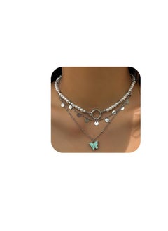 Xerling Xerling Boho 3 Tier Butterfly Pendant Silver Disc Sequins Tassel Necklaces Faux Pearl Beaded Choker Chains O Ring Choker Stacked Necklaces for Women  - Image 1