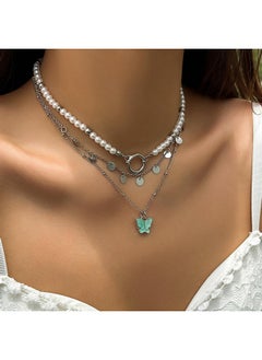 Xerling Xerling Boho 3 Tier Butterfly Pendant Silver Disc Sequins Tassel Necklaces Faux Pearl Beaded Choker Chains O Ring Choker Stacked Necklaces for Women  - Image 3