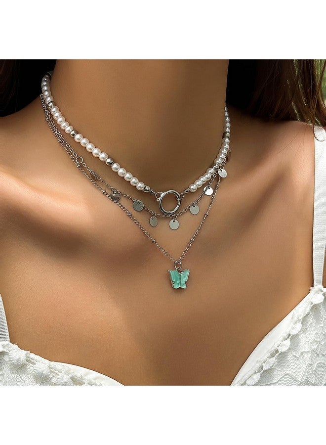 Xerling Boho 3 Tier Butterfly Pendant Silver Disc Sequins Tassel Necklaces Faux Pearl Beaded Choker Chains O Ring Choker Stacked Necklaces for Women - Image 3