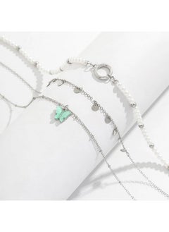 Xerling Xerling Boho 3 Tier Butterfly Pendant Silver Disc Sequins Tassel Necklaces Faux Pearl Beaded Choker Chains O Ring Choker Stacked Necklaces for Women  - Image 4