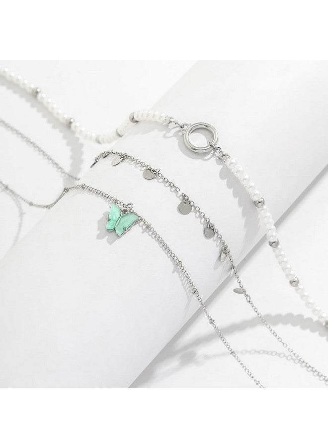 Xerling Boho 3 Tier Butterfly Pendant Silver Disc Sequins Tassel Necklaces Faux Pearl Beaded Choker Chains O Ring Choker Stacked Necklaces for Women - Image 4