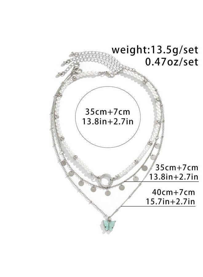 Xerling Boho 3 Tier Butterfly Pendant Silver Disc Sequins Tassel Necklaces Faux Pearl Beaded Choker Chains O Ring Choker Stacked Necklaces for Women - Image 5