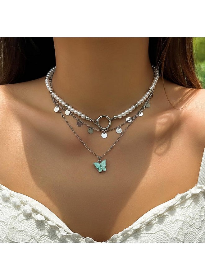 Xerling Boho 3 Tier Butterfly Pendant Silver Disc Sequins Tassel Necklaces Faux Pearl Beaded Choker Chains O Ring Choker Stacked Necklaces for Women - Image 2