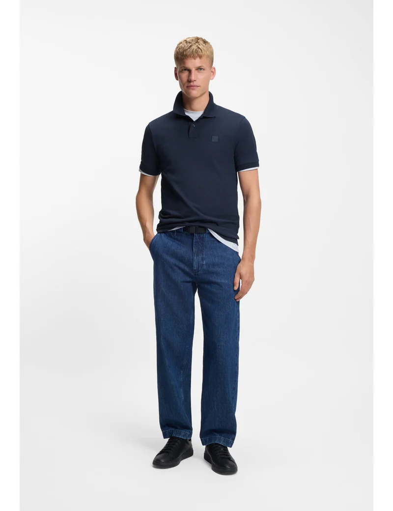 BOSS Open Blue Stretch-cotton slim-fit polo shirt with logo patch for Men | Best Price UAE