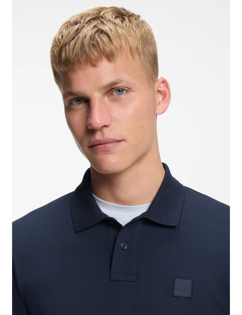 BOSS Open Blue Stretch-cotton slim-fit polo shirt with logo patch for Men | Best Price UAE