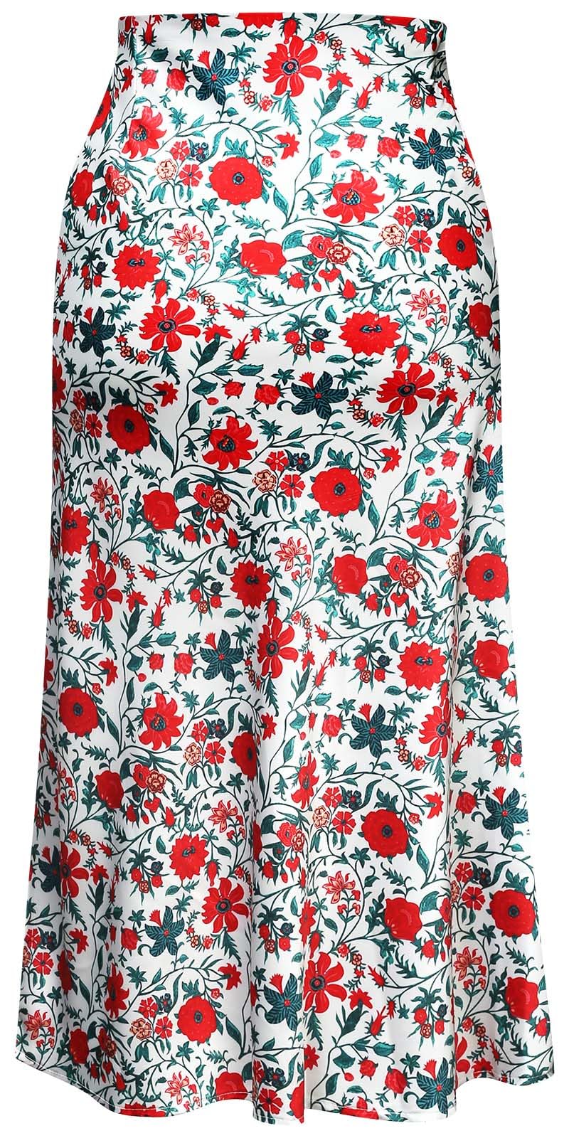 Keasmto Womens Floral Skirts Midi Length High Waist Silk Satin Elasticized A Line Summer Casual Boho Flower Skirt White Red Floral-02 M - Image 3