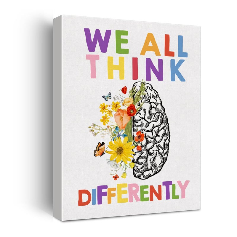 Hijie Therapy Office Poster Canvas Wall Art for Office Home Decor Neurodiversity We All Think Differently Canvas Print Wall Art Floral Brain Painting Ready to Hang Easel Hanging Hook 12x15 Inch - Image 1