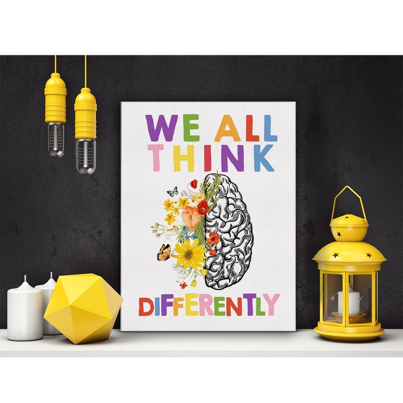 Hijie Therapy Office Poster Canvas Wall Art for Office Home Decor Neurodiversity We All Think Differently Canvas Print Wall Art Floral Brain Painting Ready to Hang Easel Hanging Hook 12x15 Inch - Image 4