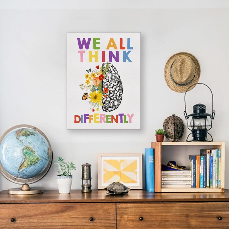 Hijie Therapy Office Poster Canvas Wall Art for Office Home Decor Neurodiversity We All Think Differently Canvas Print Wall Art Floral Brain Painting Ready to Hang Easel Hanging Hook 12x15 Inch - Image 5
