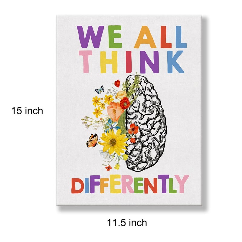 Hijie Therapy Office Poster Canvas Wall Art for Office Home Decor Neurodiversity We All Think Differently Canvas Print Wall Art Floral Brain Painting Ready to Hang Easel Hanging Hook 12x15 Inch - Image 2