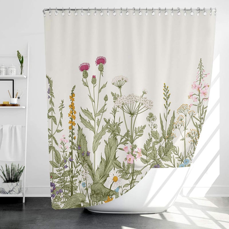Riyidecor Thicken Heavy Duty Fabric Floral Shower Curtain for Bathroom Decor 72Wx72H Inch Wildflower Green Leaves Botanical Decorative Bath Set Plants Bathroom Accessories Waterproof 12 Pack Hooks - Image 3
