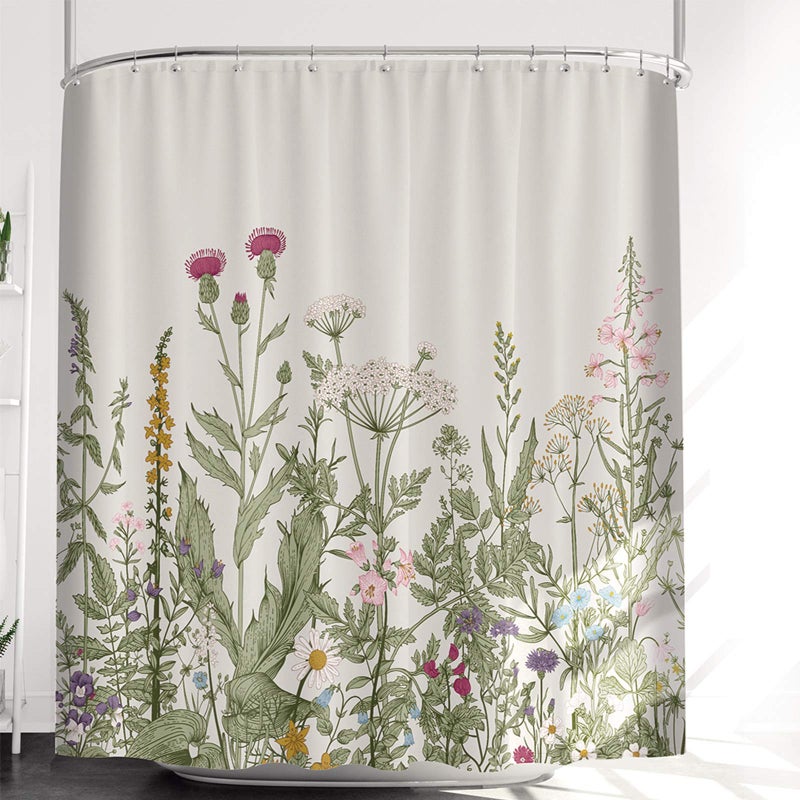 Riyidecor Thicken Heavy Duty Fabric Floral Shower Curtain for Bathroom Decor 72Wx72H Inch Wildflower Green Leaves Botanical Decorative Bath Set Plants Bathroom Accessories Waterproof 12 Pack Hooks - Image 1