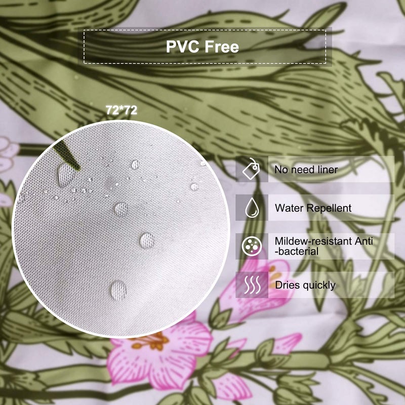 Riyidecor Thicken Heavy Duty Fabric Floral Shower Curtain for Bathroom Decor 72Wx72H Inch Wildflower Green Leaves Botanical Decorative Bath Set Plants Bathroom Accessories Waterproof 12 Pack Hooks - Image 5