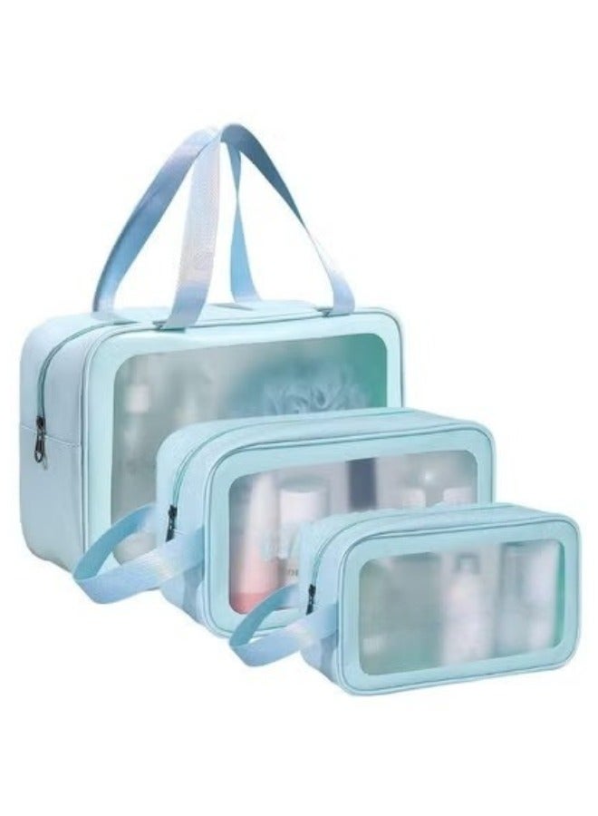 Set of 3 pieces, different sizes, large, medium and small, women's cosmetic organizer, waterproof cosmetic bag with zipper - Blue - Image 1