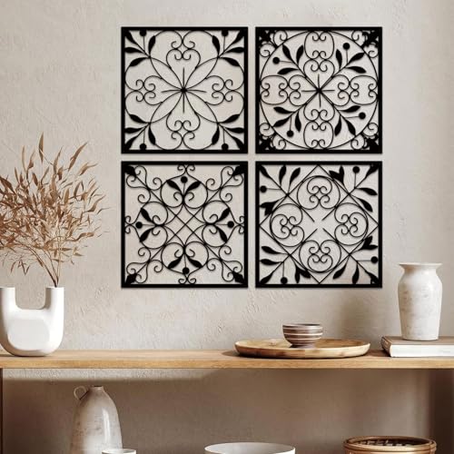 Resama 4 Pieces Rustic Wall Decor Farmhouse Wall Decor for Living Room Metal Hollow Carved Design Metal Decorative for Home Bedroom Kitchen Office (Black,Square) - Image 2