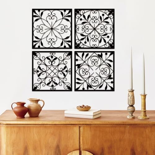 Resama 4 Pieces Rustic Wall Decor Farmhouse Wall Decor for Living Room Metal Hollow Carved Design Metal Decorative for Home Bedroom Kitchen Office (Black,Square) - Image 1