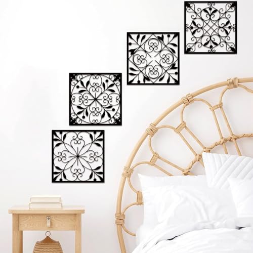 Resama 4 Pieces Rustic Wall Decor Farmhouse Wall Decor for Living Room Metal Hollow Carved Design Metal Decorative for Home Bedroom Kitchen Office (Black,Square) - Image 5