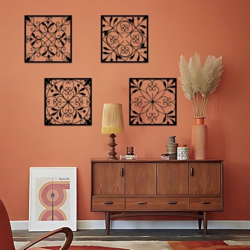 Resama 4 Pieces Rustic Wall Decor Farmhouse Wall Decor for Living Room Metal Hollow Carved Design Metal Decorative for Home Bedroom Kitchen Office (Black,Square) - Image 3