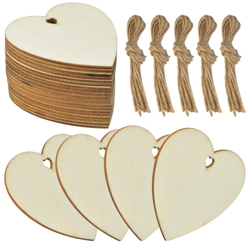 obmwang 50 Pieces 3 Natural Heart Wood Slices DIY Wooden Ornaments Unfinished Predrilled Wooden Heart Embellishments with Natural Twine for Valentines Day Wedding Thanksgiving Christmas - Image 1