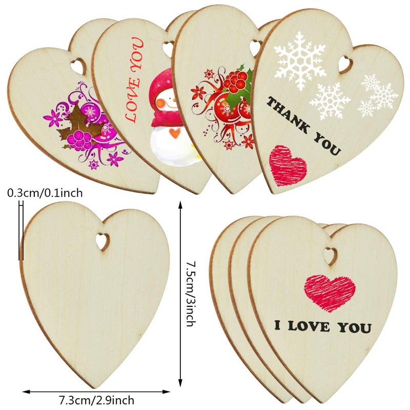 obmwang 50 Pieces 3 Natural Heart Wood Slices DIY Wooden Ornaments Unfinished Predrilled Wooden Heart Embellishments with Natural Twine for Valentines Day Wedding Thanksgiving Christmas - Image 2