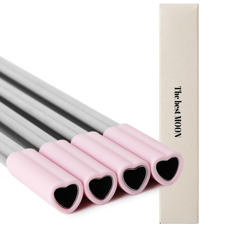 The best MOON Heart Shaped Stainless Steel Reusable Metal Straws with Pink Silicone tips Set of 4 straws for coffee tumbler 20 oz accessories and Valentines day Christmas Birthday gift