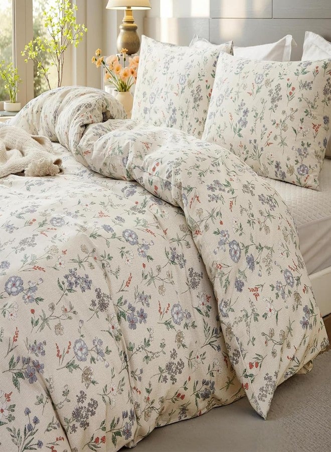 EAVD Chic Garden Floral Duvet Cover Full Beige Soft 100% Cotton Cute Colorful Floral Aesthetic Bedding Set with 2 Pillowcases Fresh Reversible Botanical Duvet Cover with Zipper Closure - Image 2