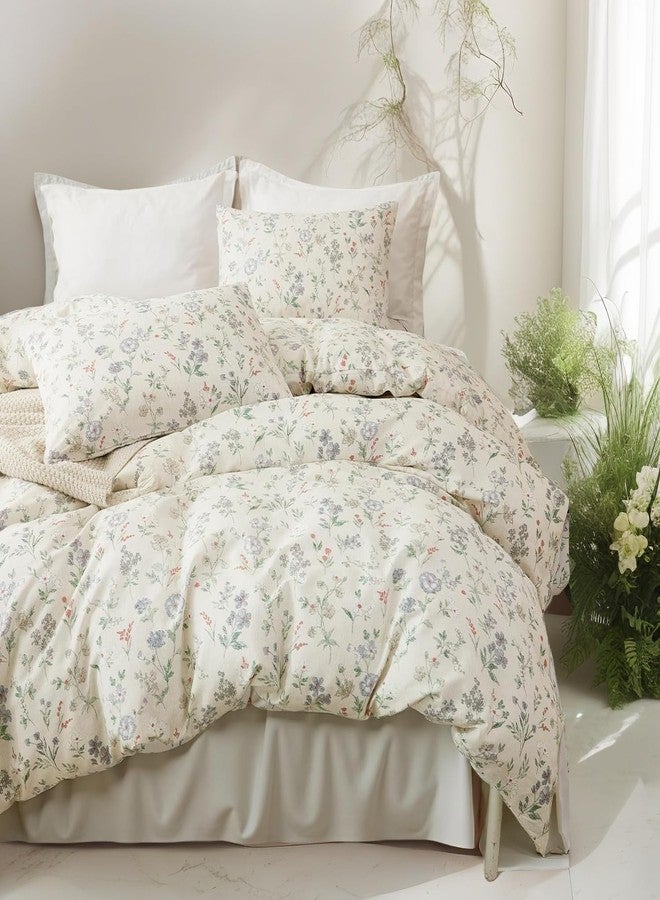 EAVD Chic Garden Floral Duvet Cover Full Beige Soft 100% Cotton Cute Colorful Floral Aesthetic Bedding Set with 2 Pillowcases Fresh Reversible Botanical Duvet Cover with Zipper Closure - Image 1