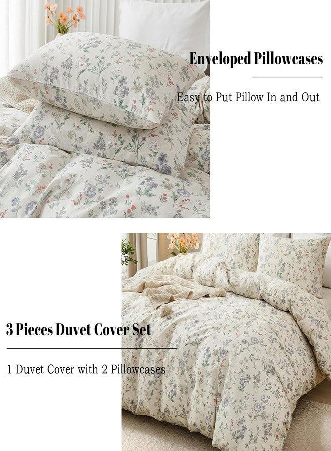 EAVD Chic Garden Floral Duvet Cover Full Beige Soft 100% Cotton Cute Colorful Floral Aesthetic Bedding Set with 2 Pillowcases Fresh Reversible Botanical Duvet Cover with Zipper Closure - Image 3