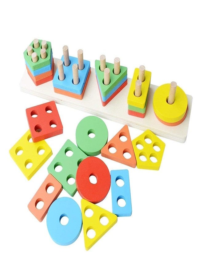 PANSHUB® Wooden Angle Geometric Blocks Stacker Shape Sorter Column Puzzle Stacking Set for Kids (Multi) - Image 1