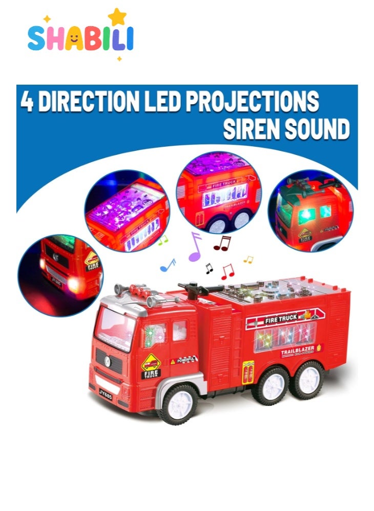 SHABILI Fire Truck Toy with 4D LED Lights & Real Siren, Battery Operated Bump-and-Go Lights & Sounds for Educational Role Play, ABS Plastic for Boys & Girls 3+ Indoor Play 10.4×3.15×4.5 in Requires 3×AA Red - Image 2