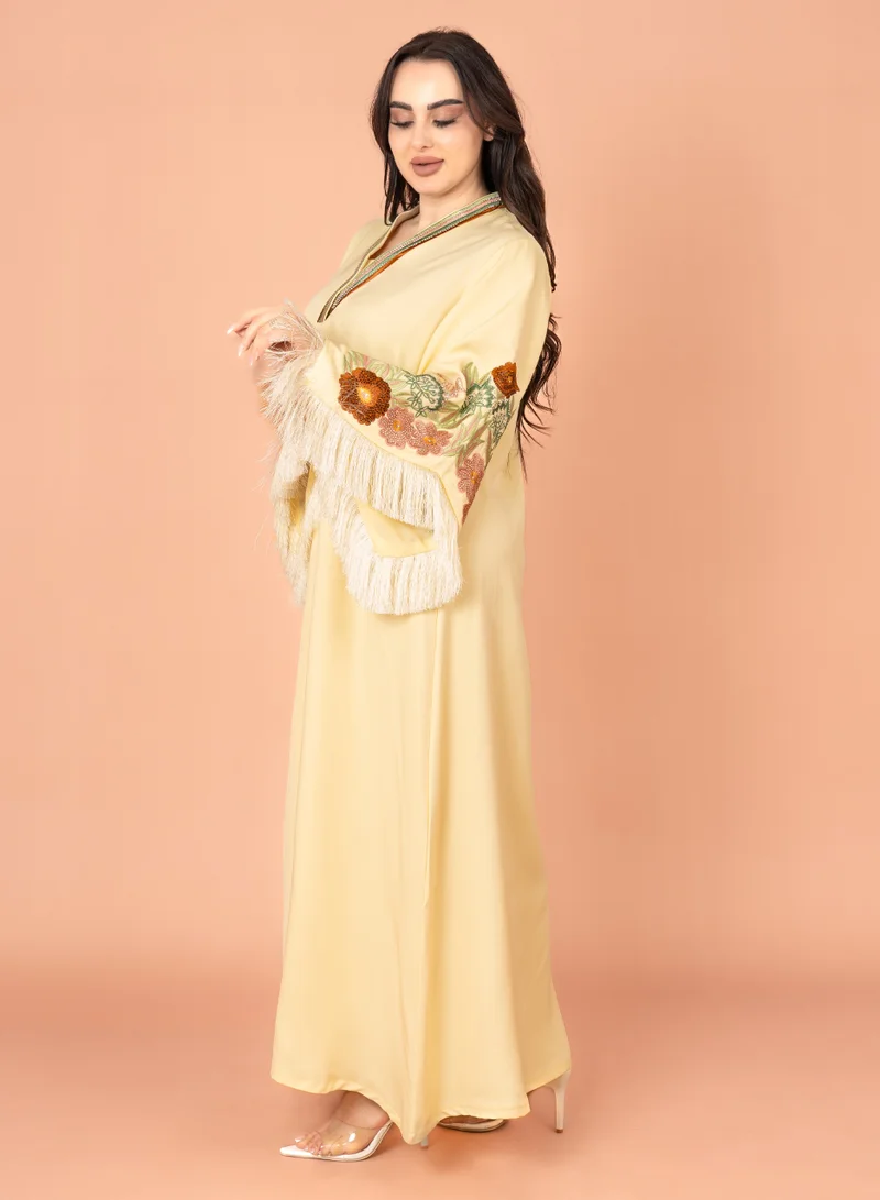 IKKXA Shimmer Detail Sleeves Embroidered Jalabiya IK3009 Yellow