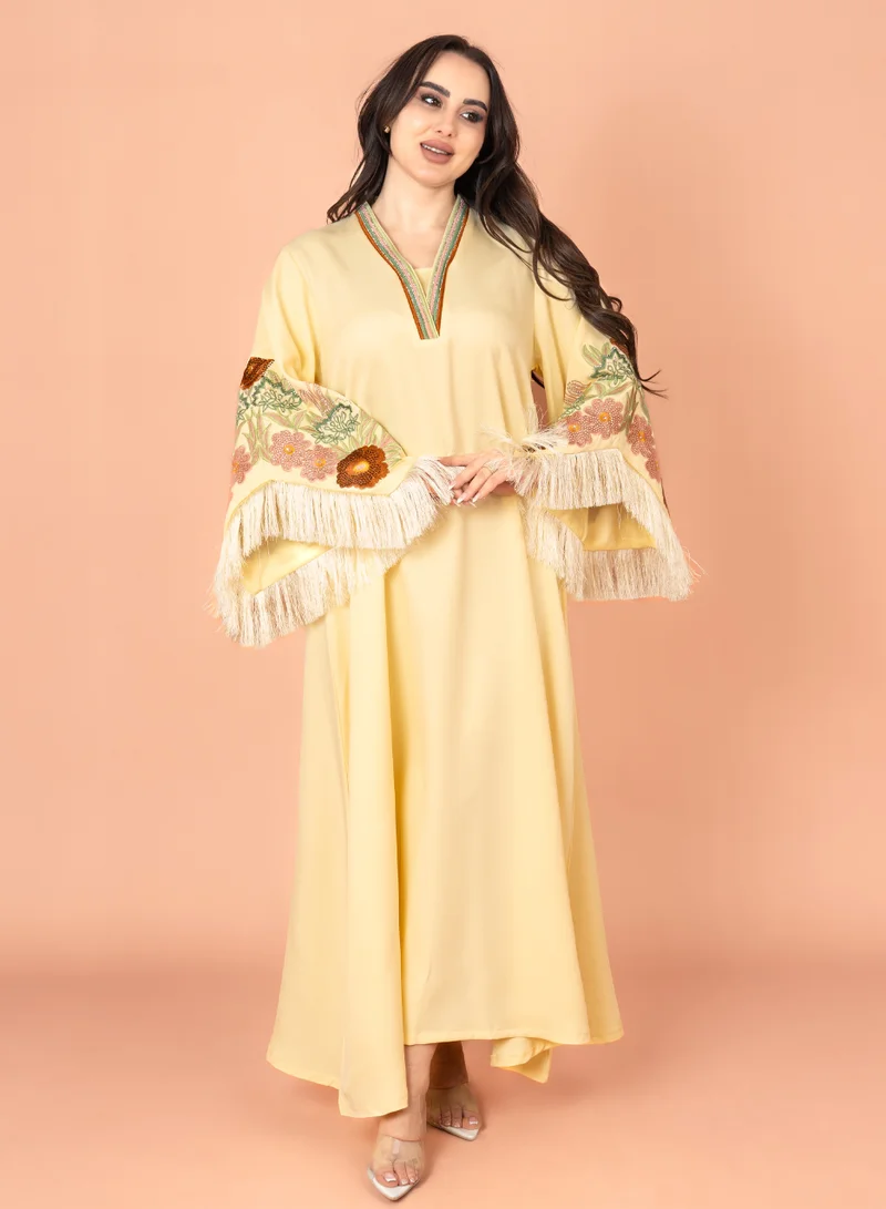 IKKXA Shimmer Detail Sleeves Embroidered Jalabiya IK3009 Yellow
