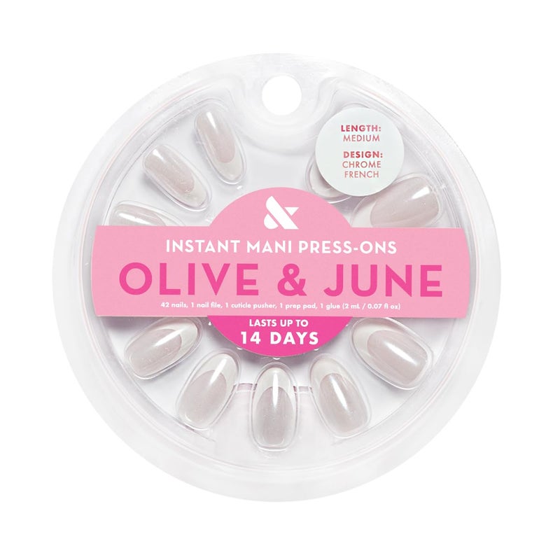 Olive & June Instant Mani Press-On Nails (Glue) | 42 Fake Nails, 21 Sizes | Non-Toxic, Long-Lasting Recycled Materials Realistic Look | Spring Flowers & Patterns | Medium, Oval | Chrome French - Image 2