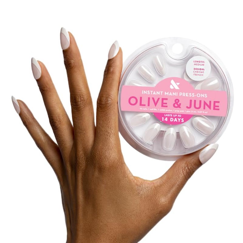 Olive & June Instant Mani Press-On Nails (Glue) | 42 Fake Nails, 21 Sizes | Non-Toxic, Long-Lasting Recycled Materials Realistic Look | Spring Flowers & Patterns | Medium, Oval | Chrome French - Image 1