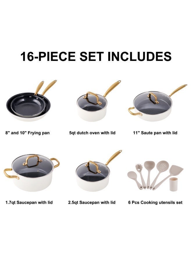 طقم أواني طبخ من السيراميك، يتكون من 16 قطعة غير لاصقة، مع مجموعات أواني المطبخ، طقم أواني طهي غير سامة، طقم مقلاة من الذهب الأبيض، وفرن لوعاء الطهي، وآمن لغسل في غسالة الصحون، هدية. - Image 2