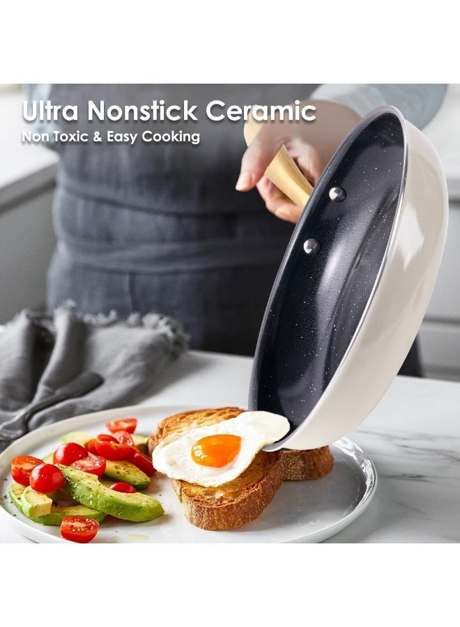 طقم أواني طبخ من السيراميك، يتكون من 16 قطعة غير لاصقة، مع مجموعات أواني المطبخ، طقم أواني طهي غير سامة، طقم مقلاة من الذهب الأبيض، وفرن لوعاء الطهي، وآمن لغسل في غسالة الصحون، هدية. - Image 3