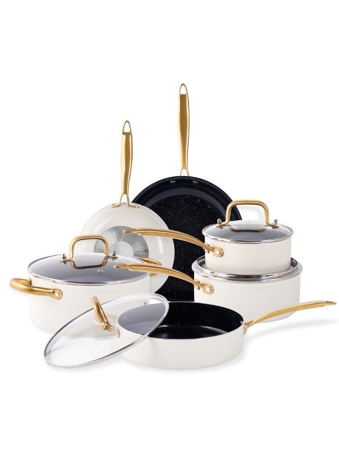 طقم أواني طبخ من السيراميك، يتكون من 16 قطعة غير لاصقة، مع مجموعات أواني المطبخ، طقم أواني طهي غير سامة، طقم مقلاة من الذهب الأبيض، وفرن لوعاء الطهي، وآمن لغسل في غسالة الصحون، هدية. - Image 1