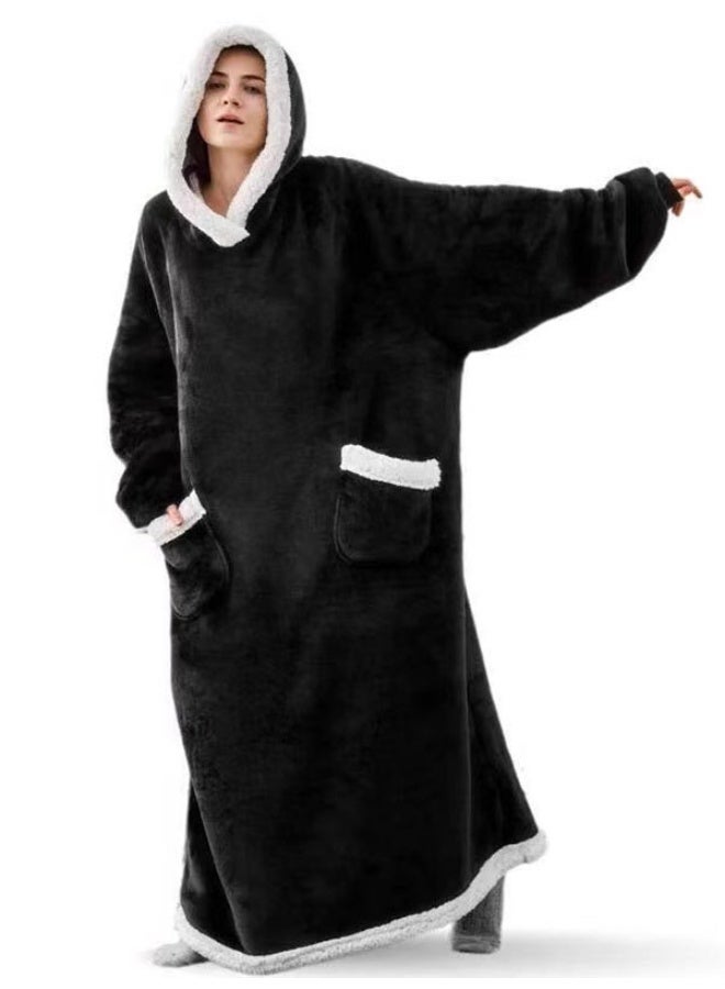 Thickened Flannel Warm Pullover Pajamas, Extra-large Long-sleeved Hooded Loungewear, Suitable for Home or Office Use, Unisex—Black