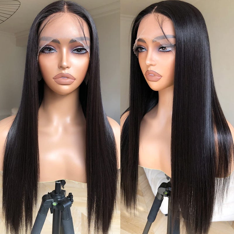 BrownBomb Straight Lace Front Wig Pre Plucked Synthetic Lace Front Wig Pre Plucked Ready to Wear Glueless Wigs 13X5X1 HD Lace Front Wigs for Women 26inch Natural Black 180 Density