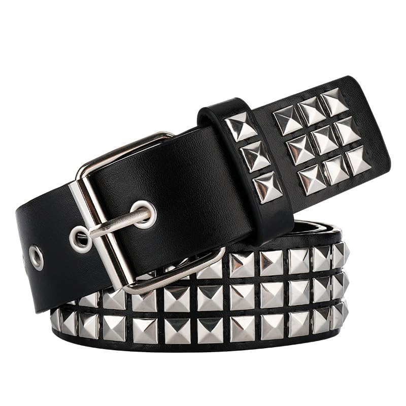 SNEPOO Black Studded Belt Punk Belt Rock Rivet Belts with Bright Pyramid Studded belt for Men/Women (Silver Studded, Fit Pant 27-32 inch) - Image 2