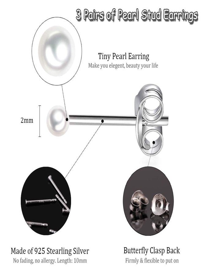 EPIRORA Sterling Silver Stud Earrings for Women- 3 Pairs of 2mm Tiny Pearl Earrings Set Cartilage Small Tragus Earrings Nose Lip Rings, Silver - Image 2