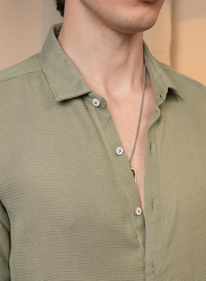 Campus Sutra Men's Sage Green Woven-Textured Shirt
